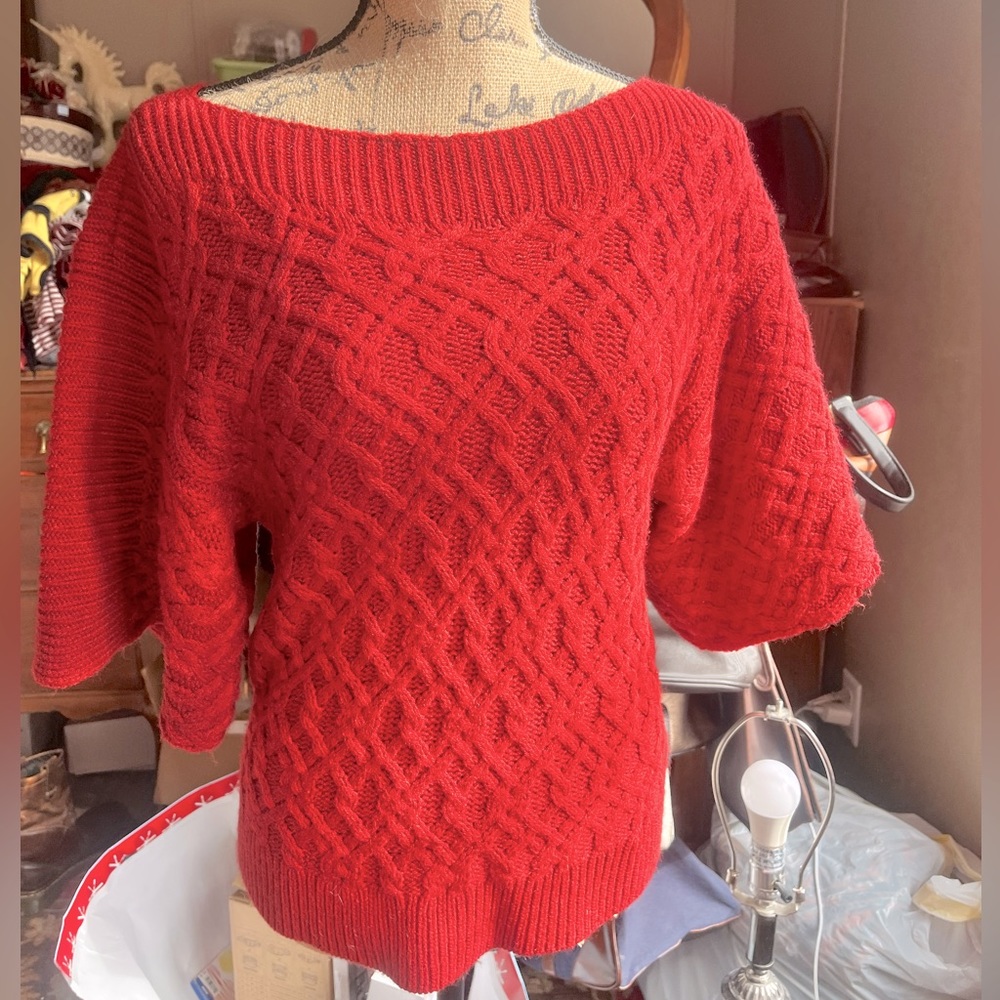 A.N.A. Warm red cable knit sweater w/flowy half length sleeves & gathered waist